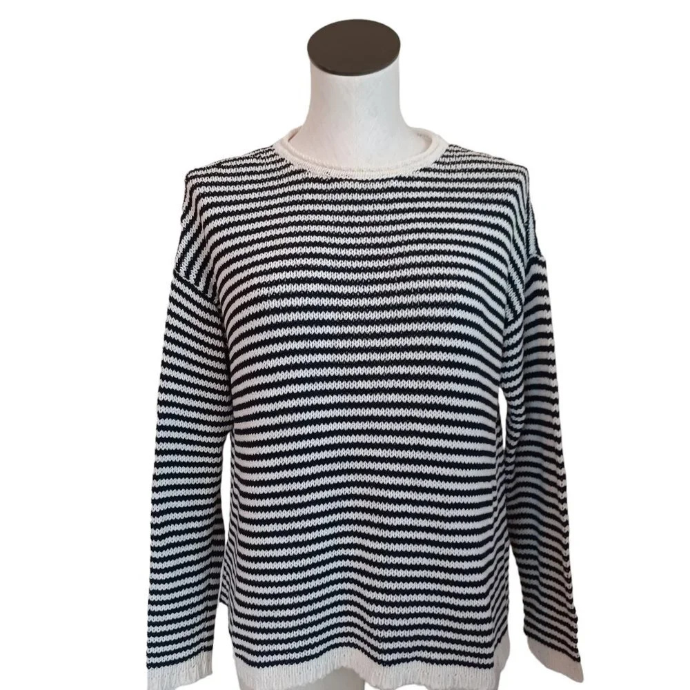 Eileen Fisher Sweater Black White Stripes Size Petite Medium‎
